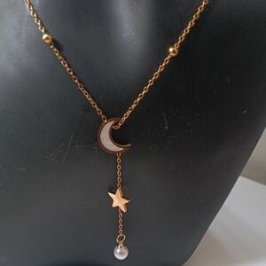 Gold Stainless Moon & Star Y-Necklace with Pearl Drop